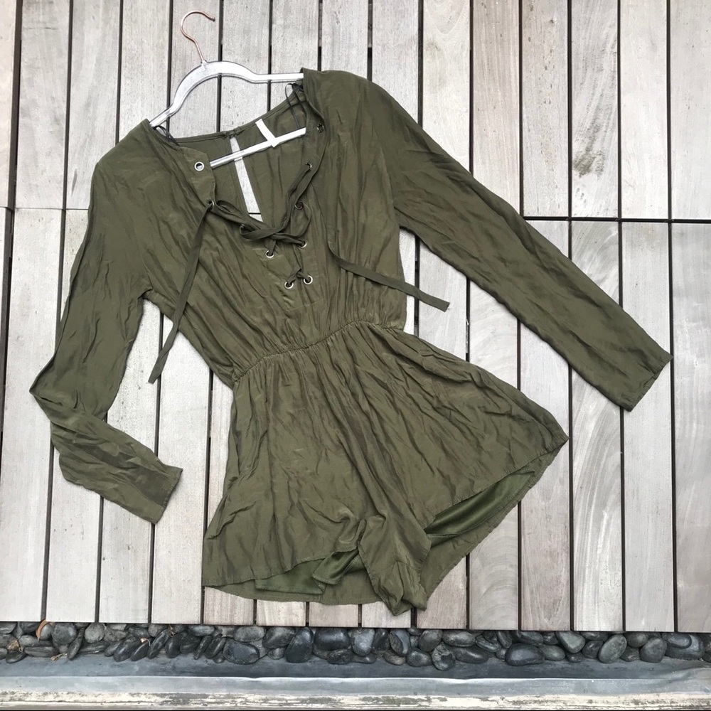 SAGE Green Tie Up V Neck Long Sleeve Romper